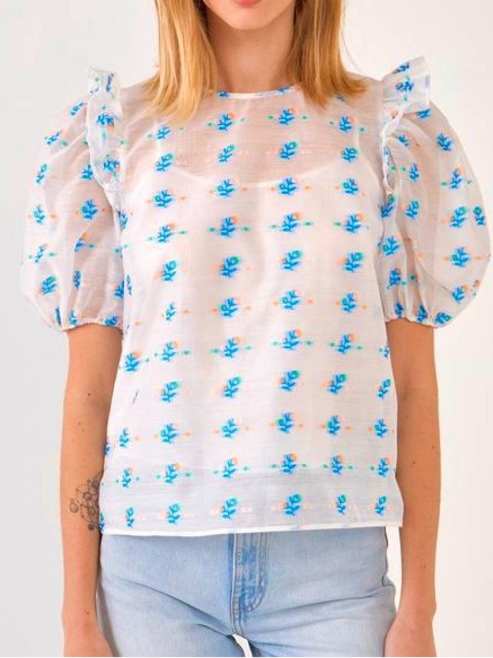 English Factory Sheer Puff Sleeve Blouse